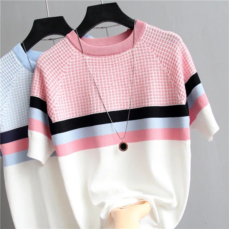  Showlu Fashion Store shintimes Plaid T-shirt With Stripes Women Tshirt Knitted Loose 2022 Summer Tops Korean T Shirt Woman Clothes Tee Shirt Femme