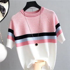 Showlu Fashion Store shintimes Plaid T-shirt With Stripes Women Tshirt Knitted Loose 2022 Summer Tops Korean T Shirt Woman Clothes Tee Shirt Femme