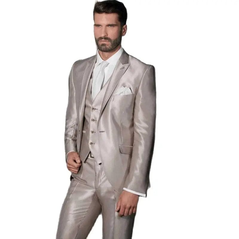 SHOWLU FASHION STORE Shiny Beige Handsome Groom Tuxedos Slim Fits Men's Evening Dress Toast Suit Party Blazer Clothes (Jacket+Pants+Vest+Tie) NO:091