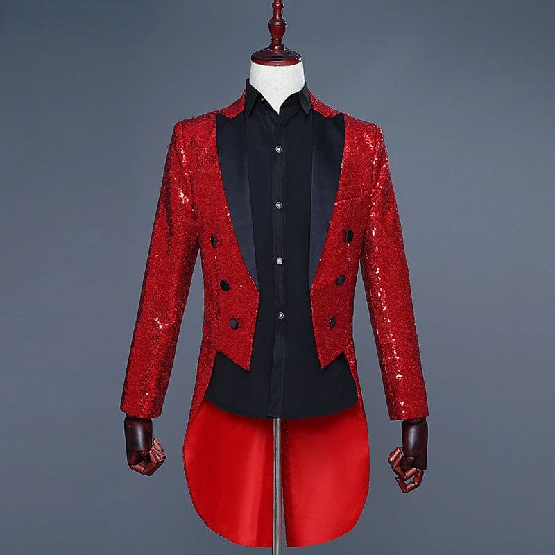 SHOWLU FASHION STORE Shiny Red Sequin Glitter Embellished Tuxedo Blazer Men  Party Wedding Tailcoat Suits Mens Stage Singer Costume Homme