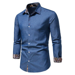 SHOWLU FASHION STORE Shirt Men's Dark Blue Lapel Long-Sleeved Thin Cloth Shirt