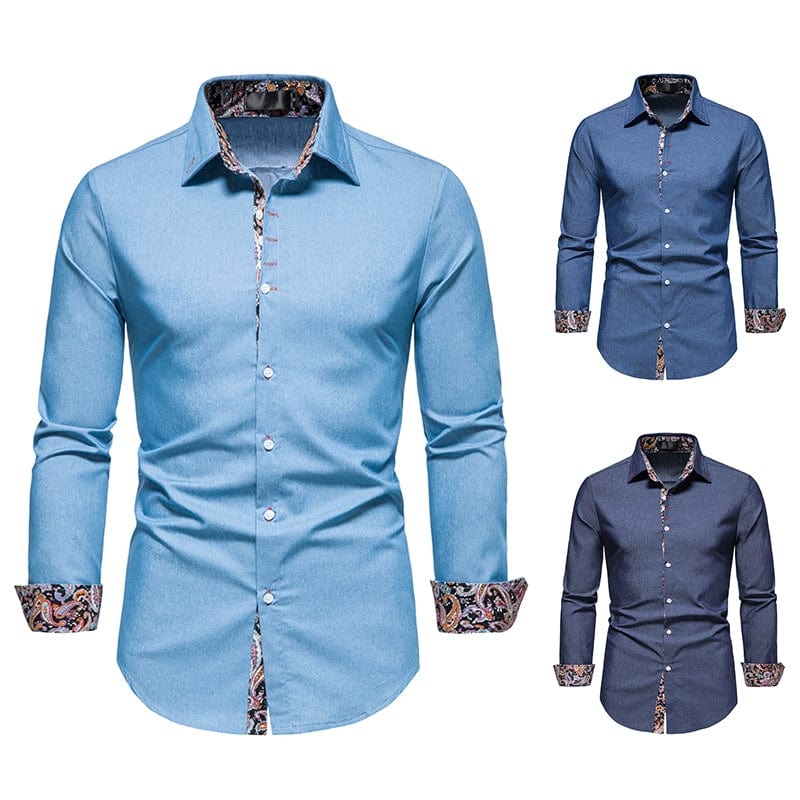 SHOWLU FASHION STORE Shirt Men's Dark Blue Lapel Long-Sleeved Thin Cloth Shirt