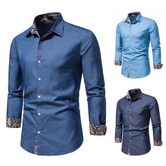 SHOWLU FASHION STORE Shirt Men's Dark Blue Lapel Long-Sleeved Thin Cloth Shirt