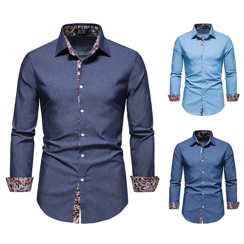 SHOWLU FASHION STORE Shirt Men's Dark Blue Lapel Long-Sleeved Thin Cloth Shirt