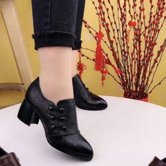  Showlu Fashion Store Shoes for Women 2023 Autumn New Women's Heels Soft Leather Fashion Double Breasted Low Top Shoes Ladies Shoes Retro Mom's Shoes