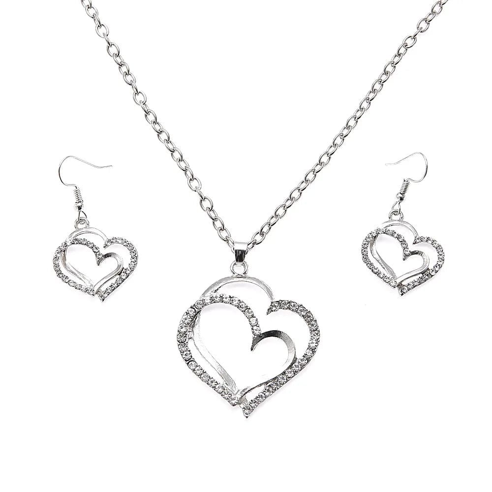 Showlu Fashion Store silver 3 Pcs Set Heart Shaped Jewelry Set Of Earrings Pendant Necklace For Women Exquisite Fashion Rhinestone Double Heart Jewelry Set