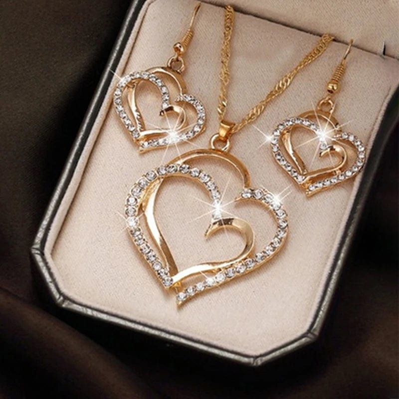 Showlu Fashion Store silver 3 Pcs Set Heart Shaped Jewelry Set Of Earrings Pendant Necklace For Women Exquisite Fashion Rhinestone Double Heart Jewelry Set