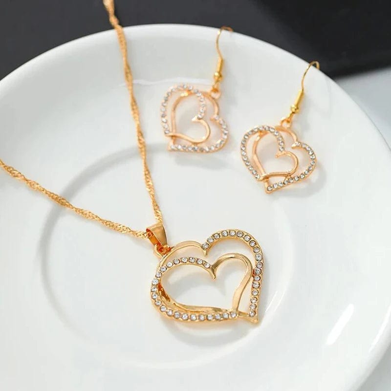 Showlu Fashion Store silver 3 Pcs Set Heart Shaped Jewelry Set Of Earrings Pendant Necklace For Women Exquisite Fashion Rhinestone Double Heart Jewelry Set