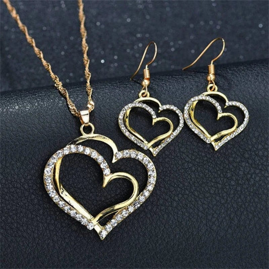 Showlu Fashion Store silver 3 Pcs Set Heart Shaped Jewelry Set Of Earrings Pendant Necklace For Women Exquisite Fashion Rhinestone Double Heart Jewelry Set