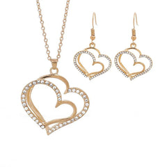 Showlu Fashion Store silver 3 Pcs Set Heart Shaped Jewelry Set Of Earrings Pendant Necklace For Women Exquisite Fashion Rhinestone Double Heart Jewelry Set