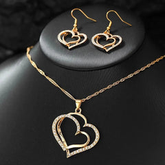 Showlu Fashion Store silver 3 Pcs Set Heart Shaped Jewelry Set Of Earrings Pendant Necklace For Women Exquisite Fashion Rhinestone Double Heart Jewelry Set