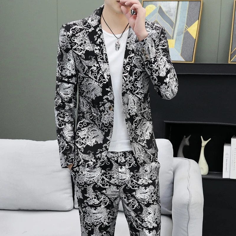 SHOWLU FASHION STORE Silver / Asian M 45-52KG Men's Suit Set Shiny Gold and Silver 2-piece Set Korean Fashion Host Wedding Set Suit Jacket+pants Men's Hot Stamping Clothing