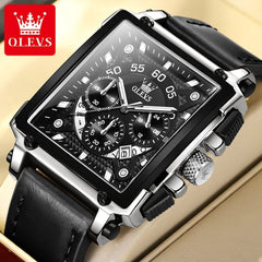 SHOWLU FASHION STORE silver black / CHINA OLEVS Original Business Men's Watches Leather Strap Multifunctional Quartz Watch Rectangular Dial Brand Trend Male Wristwatch