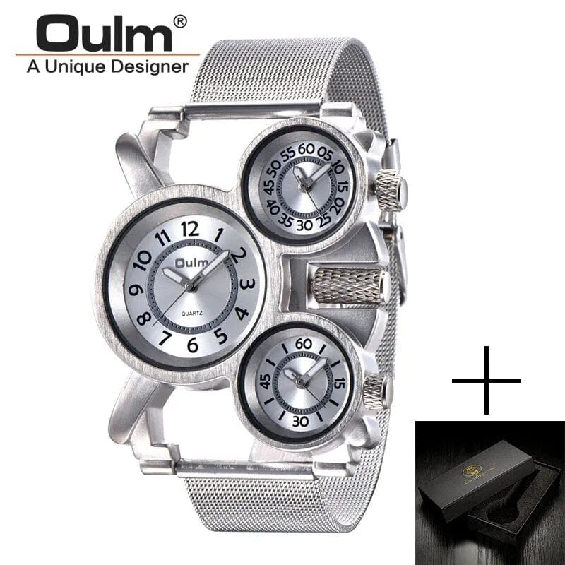 Showlu Fashion Store Silver(box) Oulm HT1167 Mens Watches Top Brand Luxury Men's Military Outdoor Wrist Watch 3 Time Zone Sport Brown Male Full Steel Clock