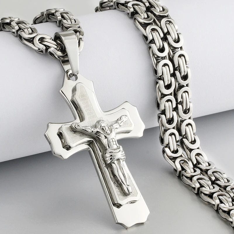  Showlu Fashion Store Silver Color / 55cm Religious Catholic Crucifix Jesus Cross Necklace for Men Cross Pendent with Bible Necklace Men Byzantine Chain Jewelry Gifts