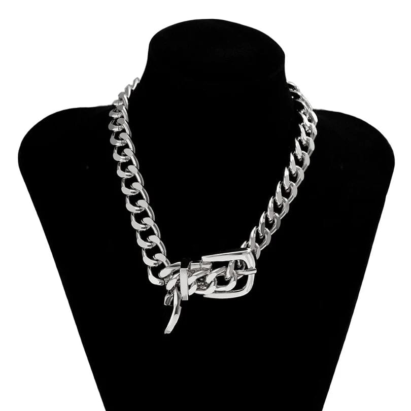  Showlu Fashion Store Silver Color Ingemark Exaggerated Heavy Metal Belt Choker Necklace for Women Punk Thick Chunky Clavicle Chain Grunge Jewelry Steampunk Men