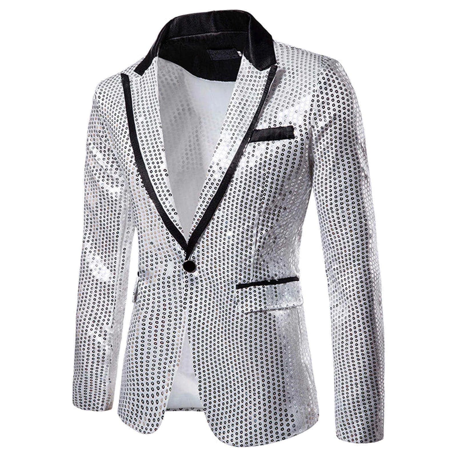 SHOWLU FASHION STORE Silver / L Fashionable Men's Luxurious Sequin Suit Jacket Color Blocking Collar Casual Single Button Blazer Coats Charm Men's Clothing