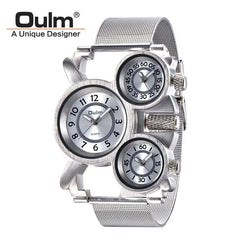 Showlu Fashion Store Silver Oulm HT1167 Mens Watches Top Brand Luxury Men's Military Outdoor Wrist Watch 3 Time Zone Sport Brown Male Full Steel Clock