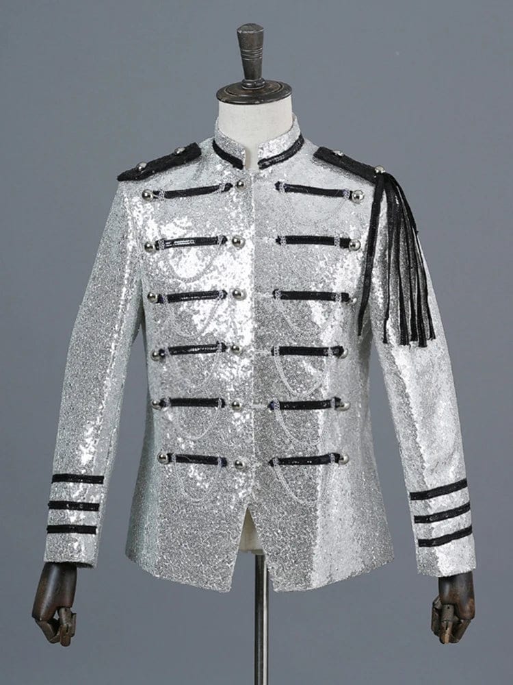 SHOWLU FASHION STORE Silver / XS Men Red Sequin Blazer Jacket Stage Costume MJ Uniform Bleazers Para Hombre with Chains