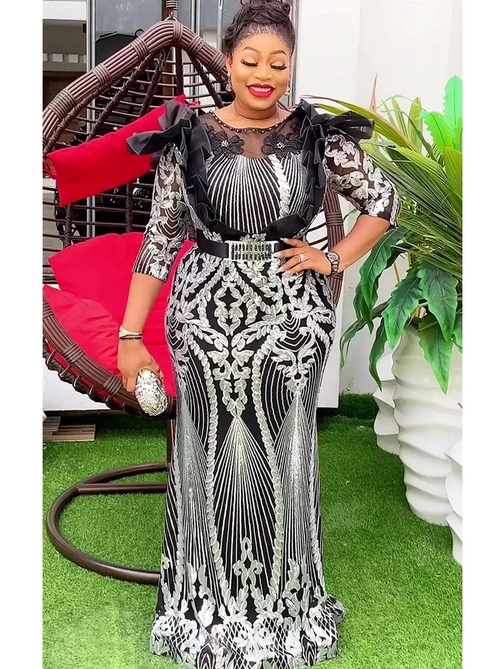 SHOWLU FASHION STORE Silver / XXL 2024 Plus Size African Party Dresses for Women Dashiki Ankara Sequin Wedding Evening Gown Bodycon Maxi Long Dress Africa Clothes