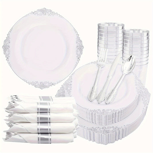 Showlu Fashion Store Silvery 350PCS Silver Plastic Plates&Pre Rolled Napkins for 50 Guests, Plastic Dinerware Set 100 Silver Disposable Plates, 150 Silver Silverware, 50Cups and 50Napkins for Wedding&Party