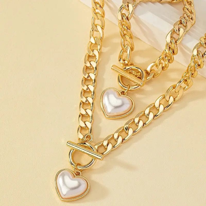 Showlu Fashion Store SKU1 2 Pcs Set Heart Pearl Pendant Cuban Chain Necklace Bracelet Set Gold Color Big Chain Forever Love Pendant Women Jewelry Set