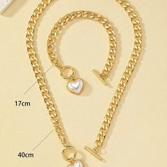 Showlu Fashion Store SKU1 2 Pcs Set Heart Pearl Pendant Cuban Chain Necklace Bracelet Set Gold Color Big Chain Forever Love Pendant Women Jewelry Set