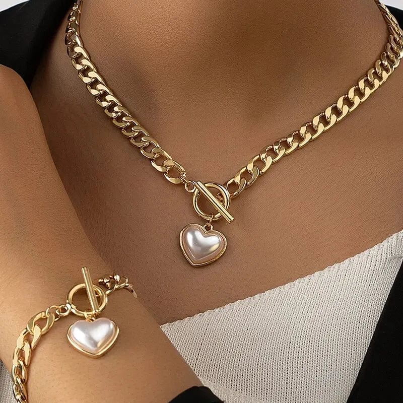 Showlu Fashion Store SKU1 2 Pcs Set Heart Pearl Pendant Cuban Chain Necklace Bracelet Set Gold Color Big Chain Forever Love Pendant Women Jewelry Set