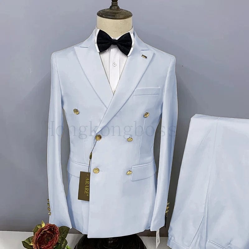 SHOWLU FASHION STORE Sky Blue / Asian 4XL is US  XL 2 Pcs Suit Set Blazers Jacket Pants / Fashion Men Casual Business Pure Color Double Breasted Groom Wedding Formal Dress Suit