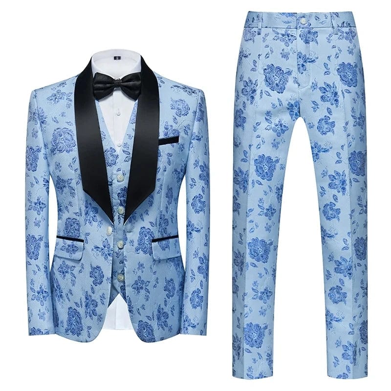 SHOWLU FASHION STORE SKY BLUE / Asian M is Eur XS (Jacket+Vest+Pant) Men Business Casual Slim Fit Suits 3 Pieces Sets Fashion Flower Printed Tuxedo Wedding Formal Dress Blazers