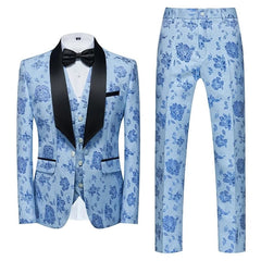 SHOWLU FASHION STORE SKY BLUE / Asian M is Eur XS (Jacket+Vest+Pant) Men Business Casual Slim Fit Suits 3 Pieces Sets Fashion Flower Printed Tuxedo Wedding Formal Dress Blazers