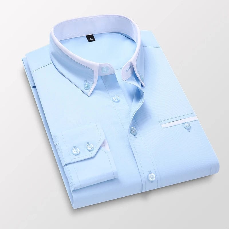 SHOWLU FASHION STORE Sky blue / M High Quality Stylish Casual Shirt Double Collar Striped Mens Dress Shirts Mens Long Sleeve Shirts non iron Double Collar Shirt