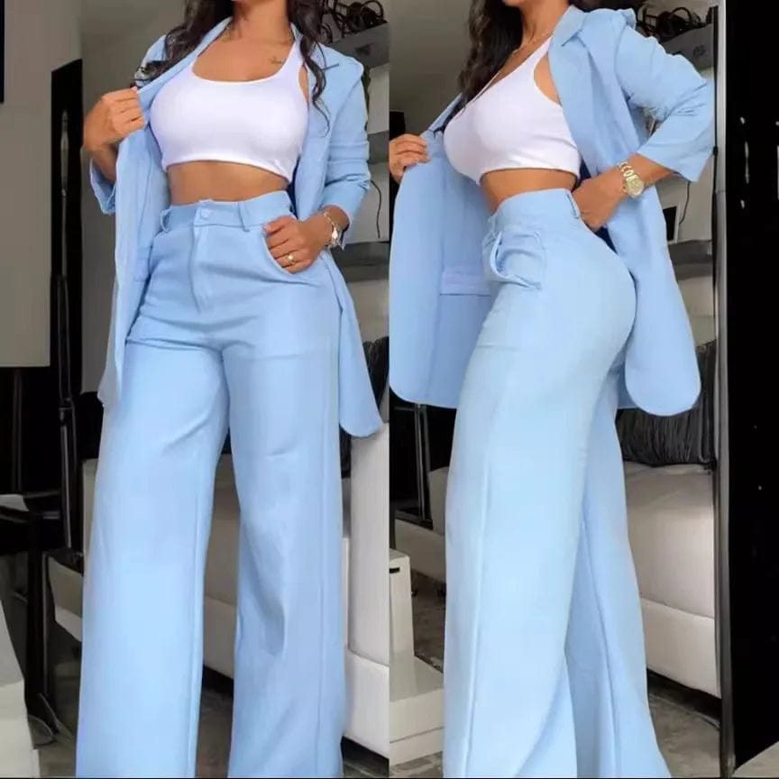 SHOWLU FASHION STORE SKY BLUE / XXXL Two Piece Set Women Outfit Autumn Fashion  Collar Long Sleeve Blazer Coat & Elegant Pocket Design Work Pants Set