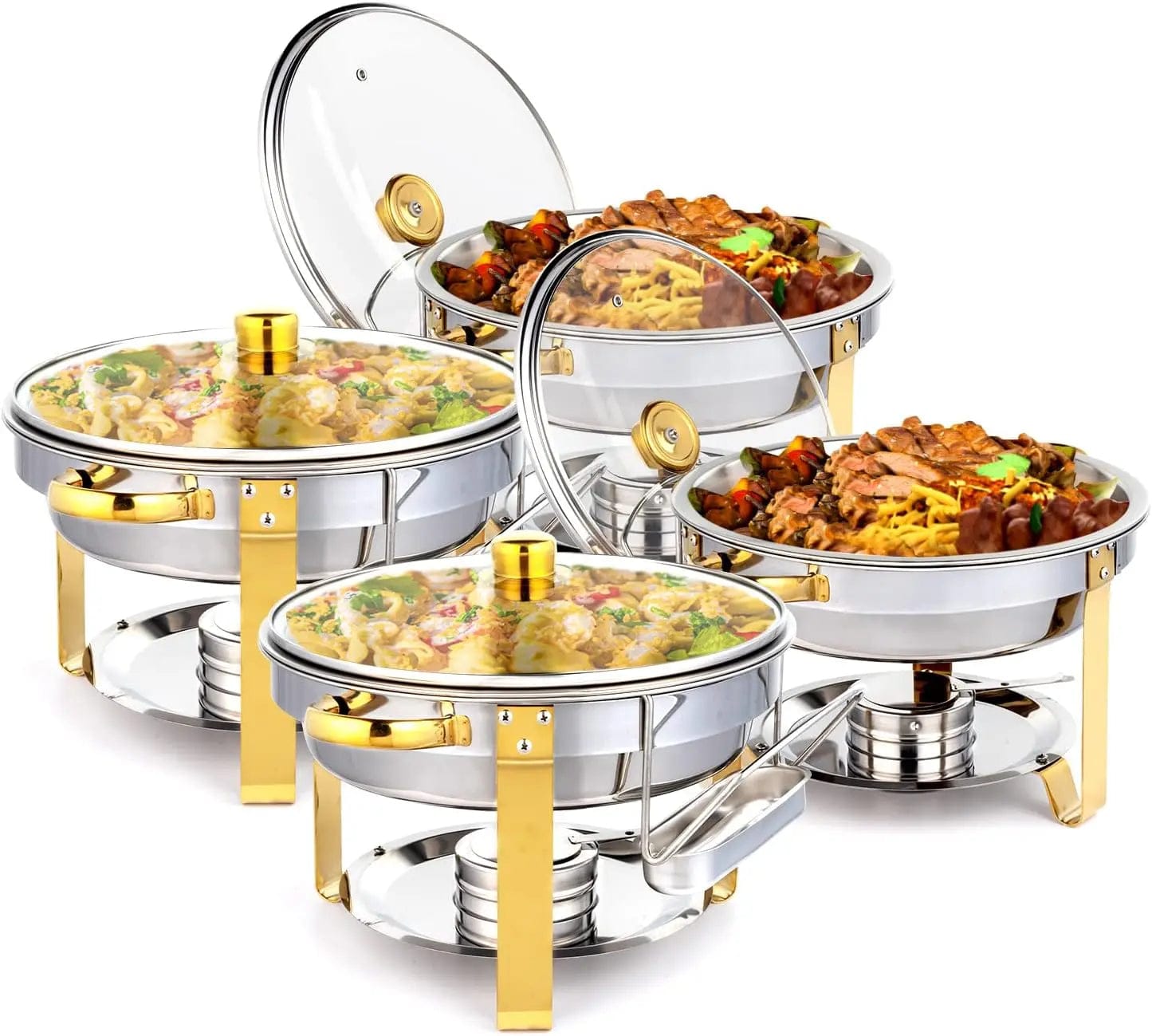 Showlu Fashion Store sliver 4 pack / United States 5QT 2-12 Packs Chafing Dish Buffet Set Gold Accent Round NSF Stainless Steel Warmer Glass Lid Holder Catering Event Partie