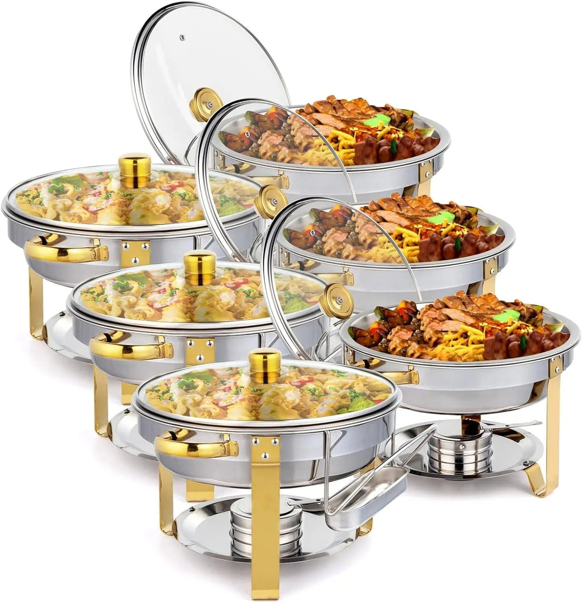 Showlu Fashion Store sliver 8 pack / United States 5QT 2-12 Packs Chafing Dish Buffet Set Gold Accent Round NSF Stainless Steel Warmer Glass Lid Holder Catering Event Partie