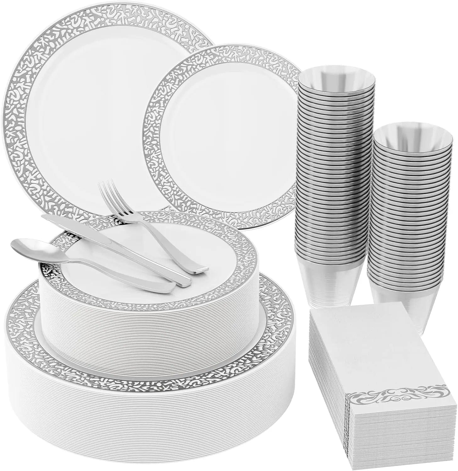 Showlu Fashion Store Sliver / United States / 30 guest 210 Count Plastic Dinnerware Disposable Plates Dinner Plates  Dessert Plates &  Cups & Paper Napkins & Plastic Silverware Set