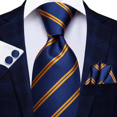 SHOWLU FASHION STORE SN-3136 Hi-Tie Navy Blue Striped Silk Wedding Tie For Men Fashion Design Gift Men Necktie Hanky Cufflink Set Business Party Dropshiping