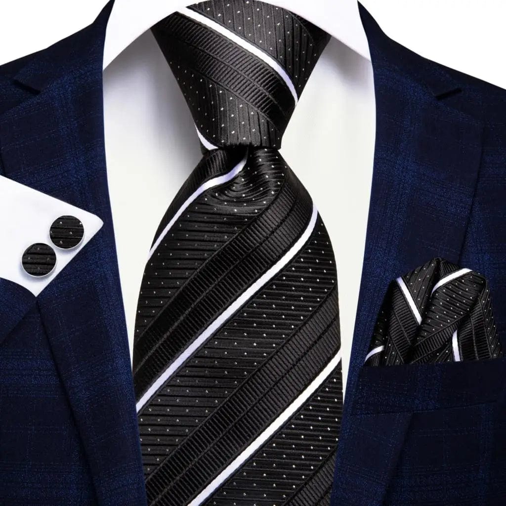 SHOWLU FASHION STORE SN-3415 Hi-Tie Navy Blue Striped Silk Wedding Tie For Men Fashion Design Gift Men Necktie Hanky Cufflink Set Business Party Dropshiping