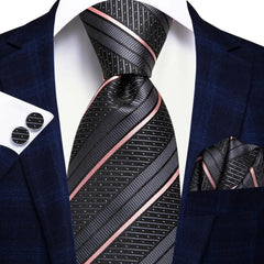 SHOWLU FASHION STORE SN-3417 Hi-Tie Navy Blue Striped Silk Wedding Tie For Men Fashion Design Gift Men Necktie Hanky Cufflink Set Business Party Dropshiping