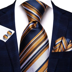 SHOWLU FASHION STORE SN-3420 Hi-Tie Navy Blue Striped Silk Wedding Tie For Men Fashion Design Gift Men Necktie Hanky Cufflink Set Business Party Dropshiping