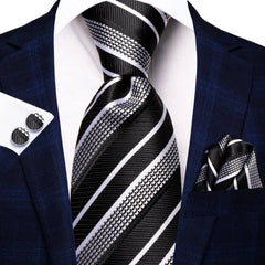 SHOWLU FASHION STORE SN-3546 Hi-Tie Navy Blue Striped Silk Wedding Tie For Men Fashion Design Gift Men Necktie Hanky Cufflink Set Business Party Dropshiping