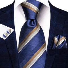 SHOWLU FASHION STORE SN-3789 Hi-Tie Navy Blue Striped Silk Wedding Tie For Men Fashion Design Gift Men Necktie Hanky Cufflink Set Business Party Dropshiping