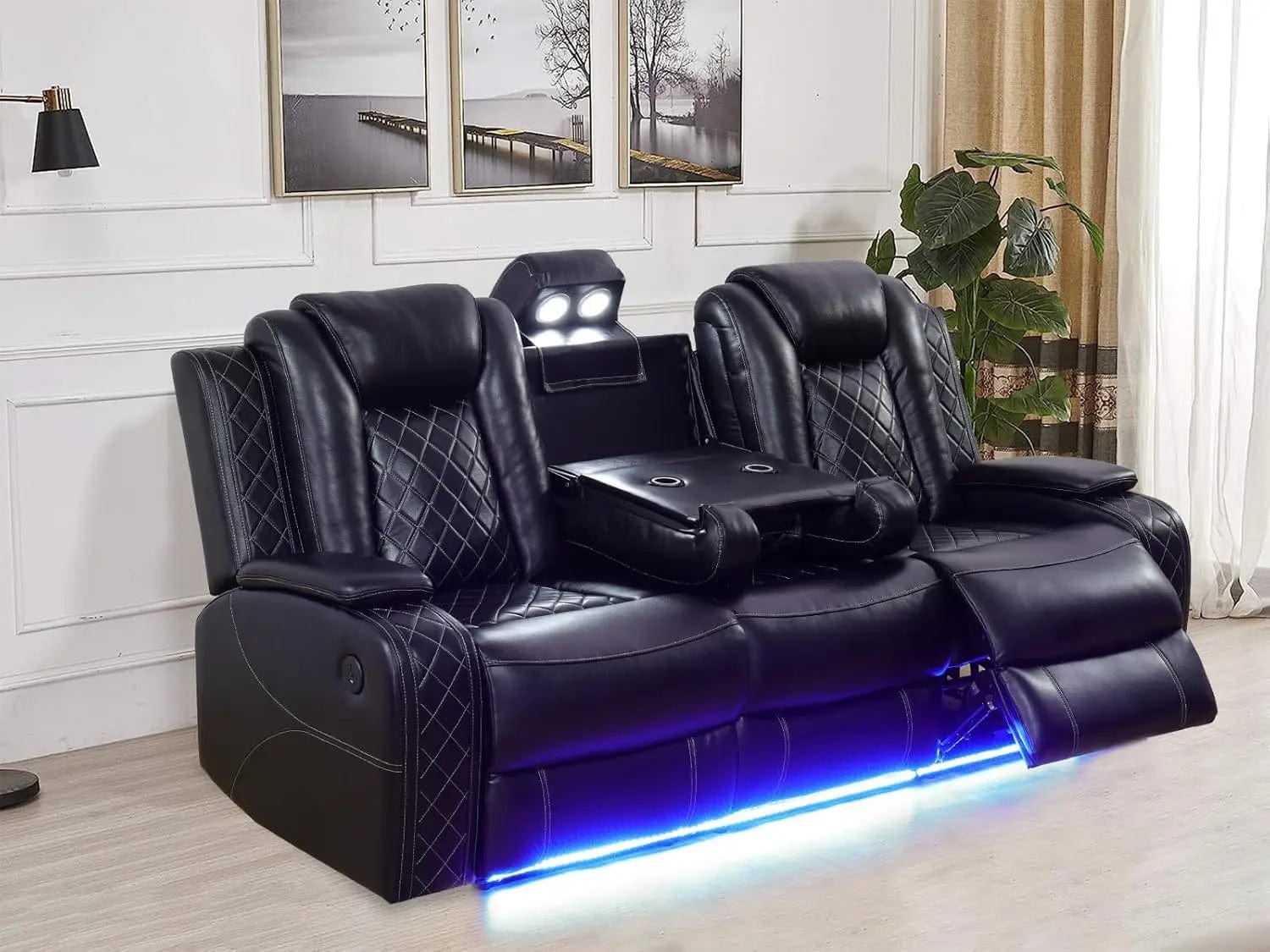 SHOWLU FASHION STORE Sofa / United States Recliner Sofa Set with LED Lights,Leather Living Room Furniture Set with USB Port/Storage Console/Cup Holders,Reclining Sofa Set