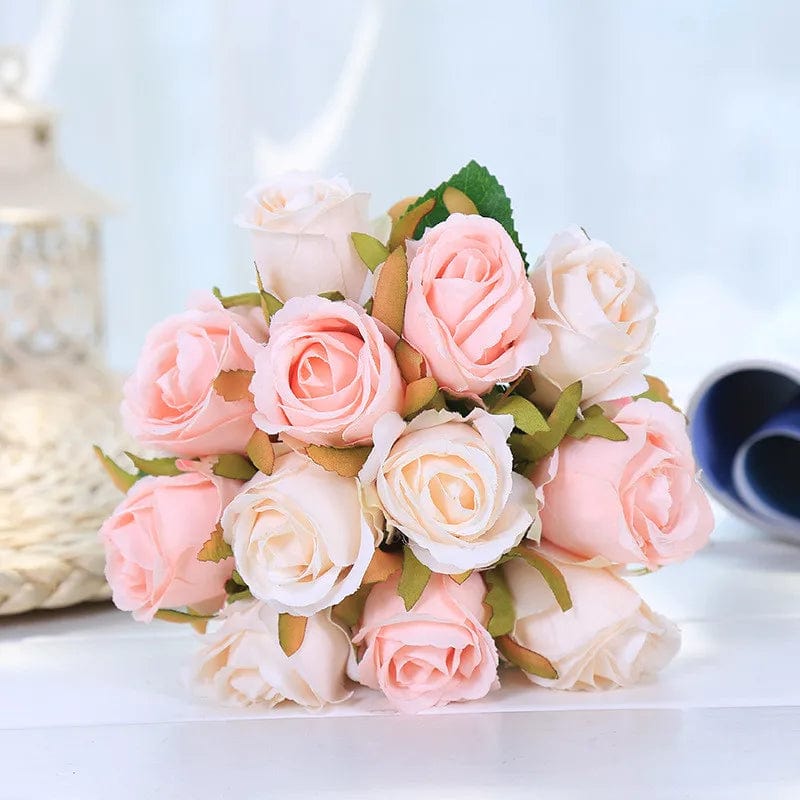  Showlu Fashion Store Soft-Pink 12 Heads Wedding Bouquet White Green Rose Artificial Bridal Bouquet Blue Wedding Accessories Bridesmaids Flower Mariage Supplies