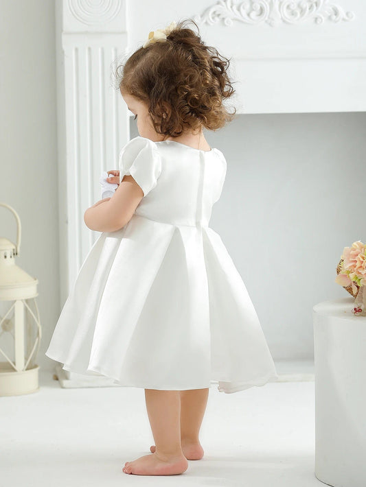 SHOWLU FASHION STORE Soft Satin Hand Made Pearl Decoration Ruffle Elegant Party Wedding Baptism Baby Dress