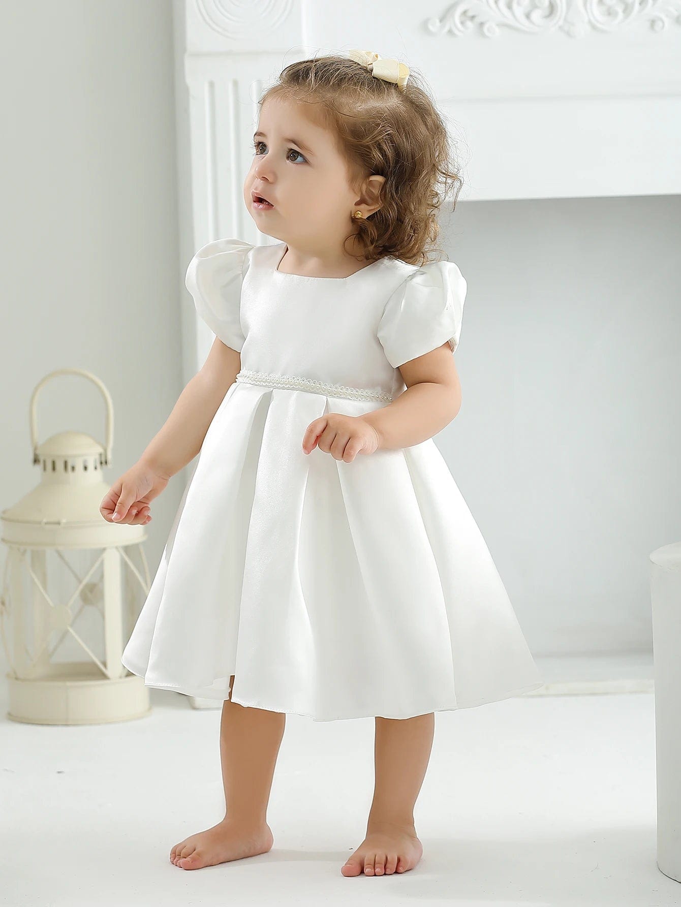 SHOWLU FASHION STORE Soft Satin Hand Made Pearl Decoration Ruffle Elegant Party Wedding Baptism Baby Dress