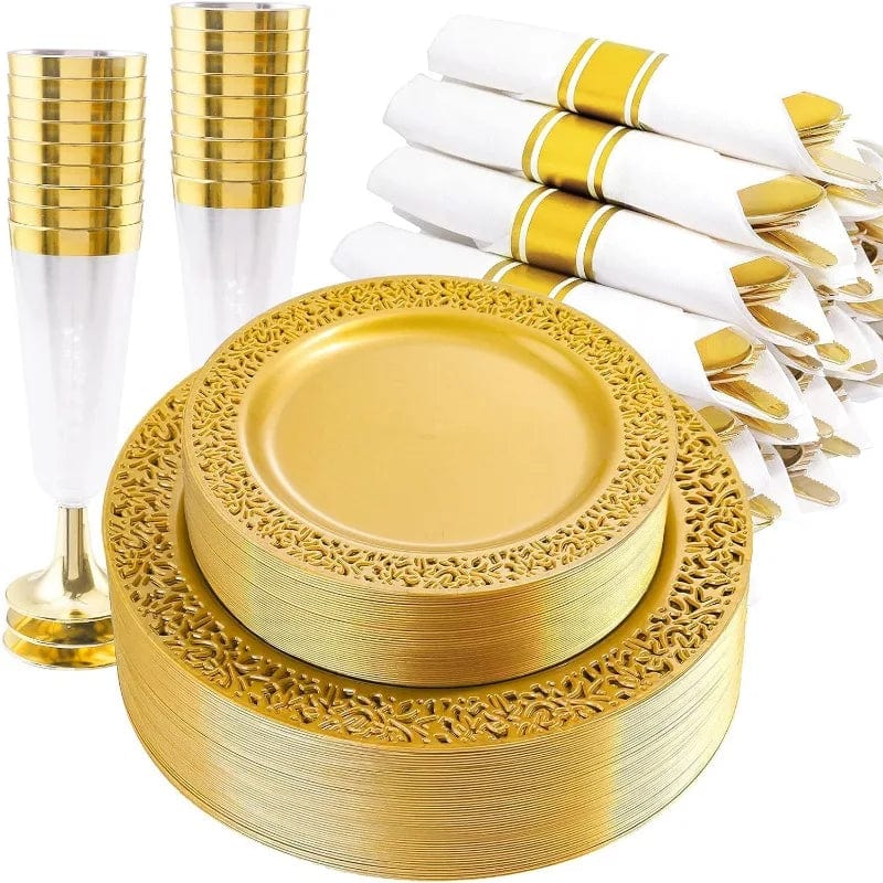 Showlu Fashion Store Solid Gold / United States 30Guest Clear Gold Plastic Plates, Gold Party Plates and Cup and Napkins Set Gold Disposable Dinnerware Include 30 Dinner Plates