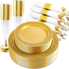 Showlu Fashion Store Solid Gold / United States 30Guest Clear Gold Plastic Plates, Gold Party Plates and Cup and Napkins Set Gold Disposable Dinnerware Include 30 Dinner Plates