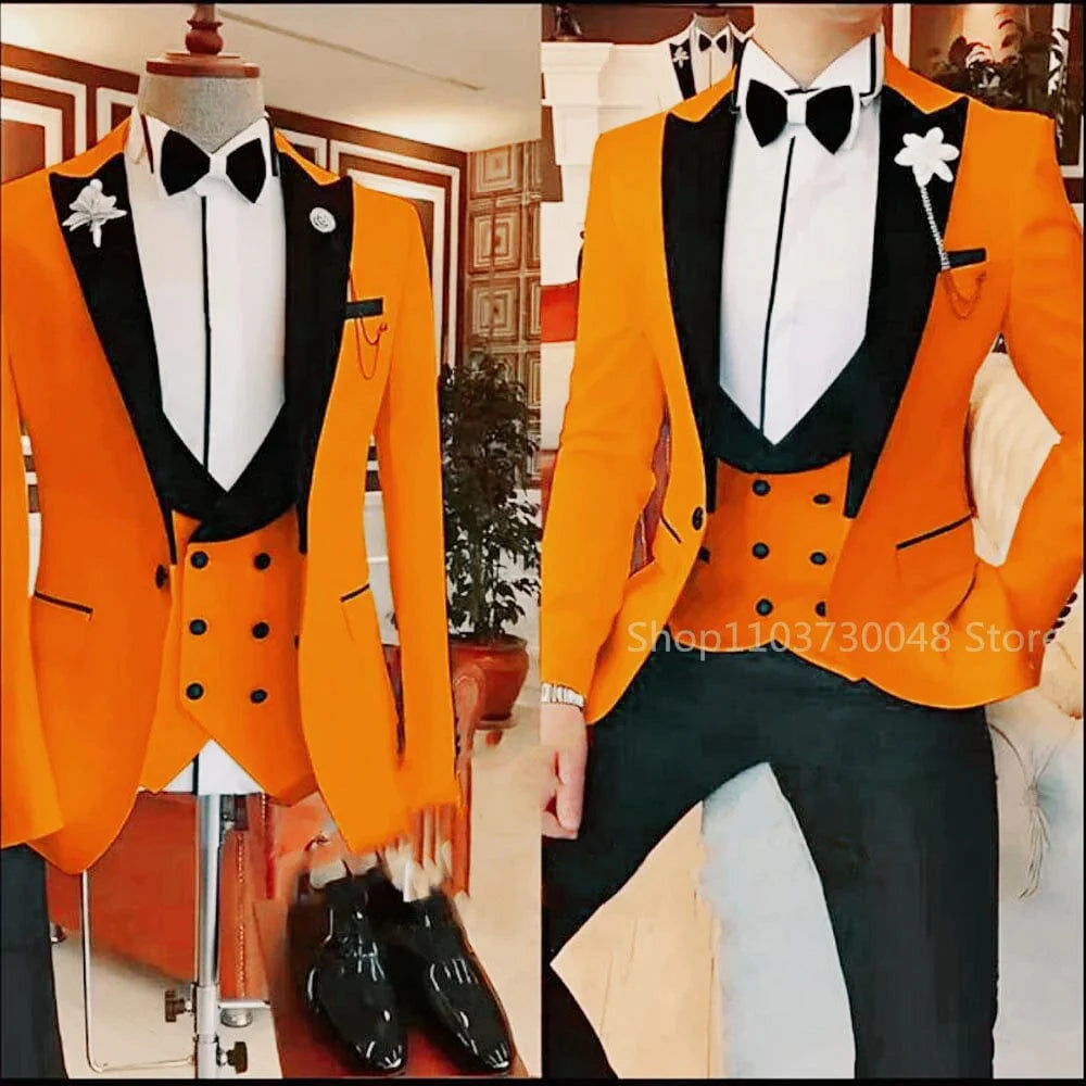 Kromoc Men's 3-Piece Slim Fit Wool Blend Suit with peak lapel jacket, vest, and trousers for formal or wedding occasions.
