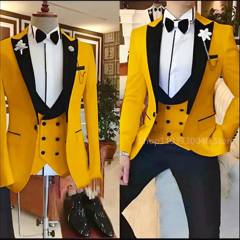 Kromoc Men's 3-Piece Slim Fit Suit by SHOWLU FASHION STORE featuring wool blend fabric, peak lapel tuxedo, vest, and trousers.
